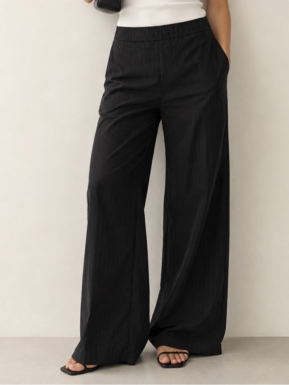 COS Sz 4 Wool Blend Dark Grey Pin Strip Wide Leg Pull On Pants